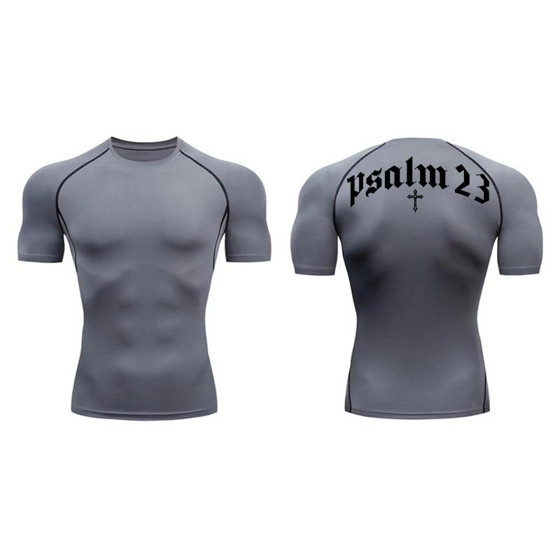 Laoxu 2024 Psalm 23 Cross Print Men's Sports Quick-Drying T-Shirt Tops Gym Workout Fitness Compression Shirt Short Sleeve S-3XL S wit