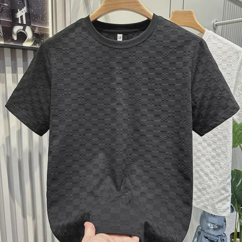 VantaGoods 2024 Luxe Heren Geruit Patroon Korte Mouw Effen Kleur Casual Ronde Hals T-shirt M zwart