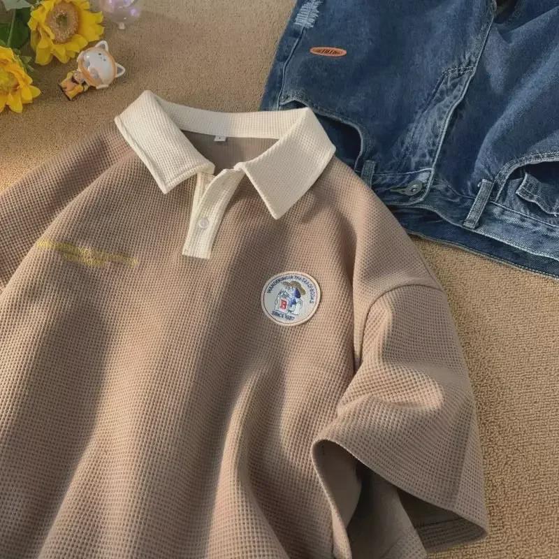 VantaGoods Heren Zomer Trendy Wafel Korte Mouw T-shirt, Hong Kong Stijl, Zware Japans Geïnspireerde Polo voor Koppels XL marineblauwe kleur