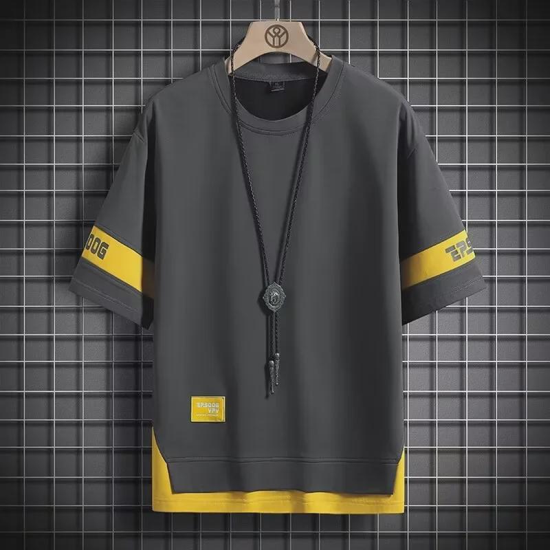 VantaGoods Trendy neppe tweedelige hiphop-T-shirts met korte mouwen voor heren (2024): Europese en Amerikaanse stijl, ronde hals, zomer. XL zwart