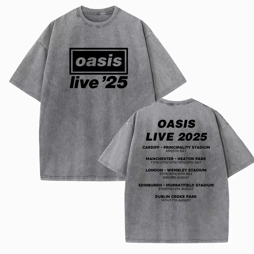 Couple short sleeved T-shirt Men Women OASIS Live 25 Tour Vintage Summer Short Sleeve Washed T-Shirts Definitely Maybe Rock Tee L