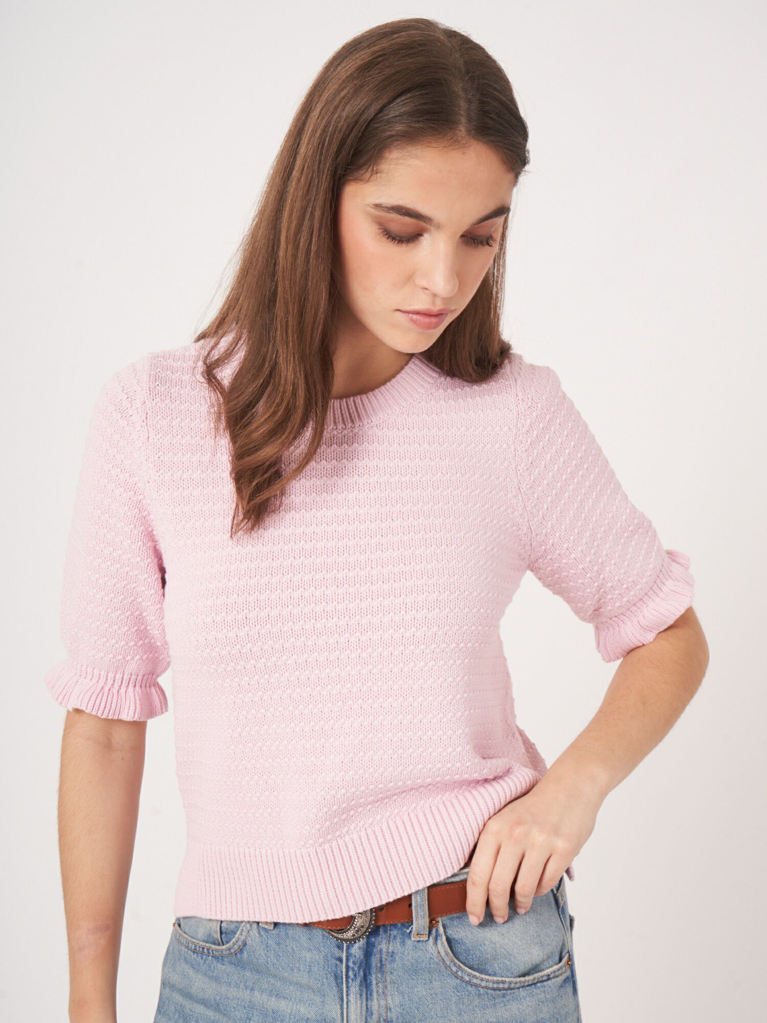 REPEAT cashmere Gebreid katoenen truitje met korte mouw