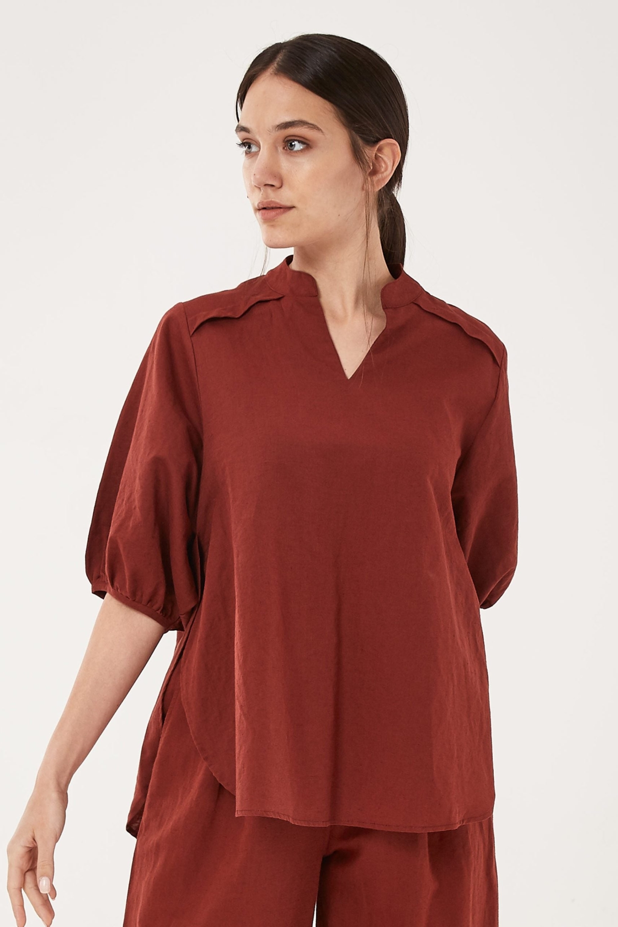 ORGANICATION Damen vegan Bluse PuffÃ¤rmeln Dunkelrot