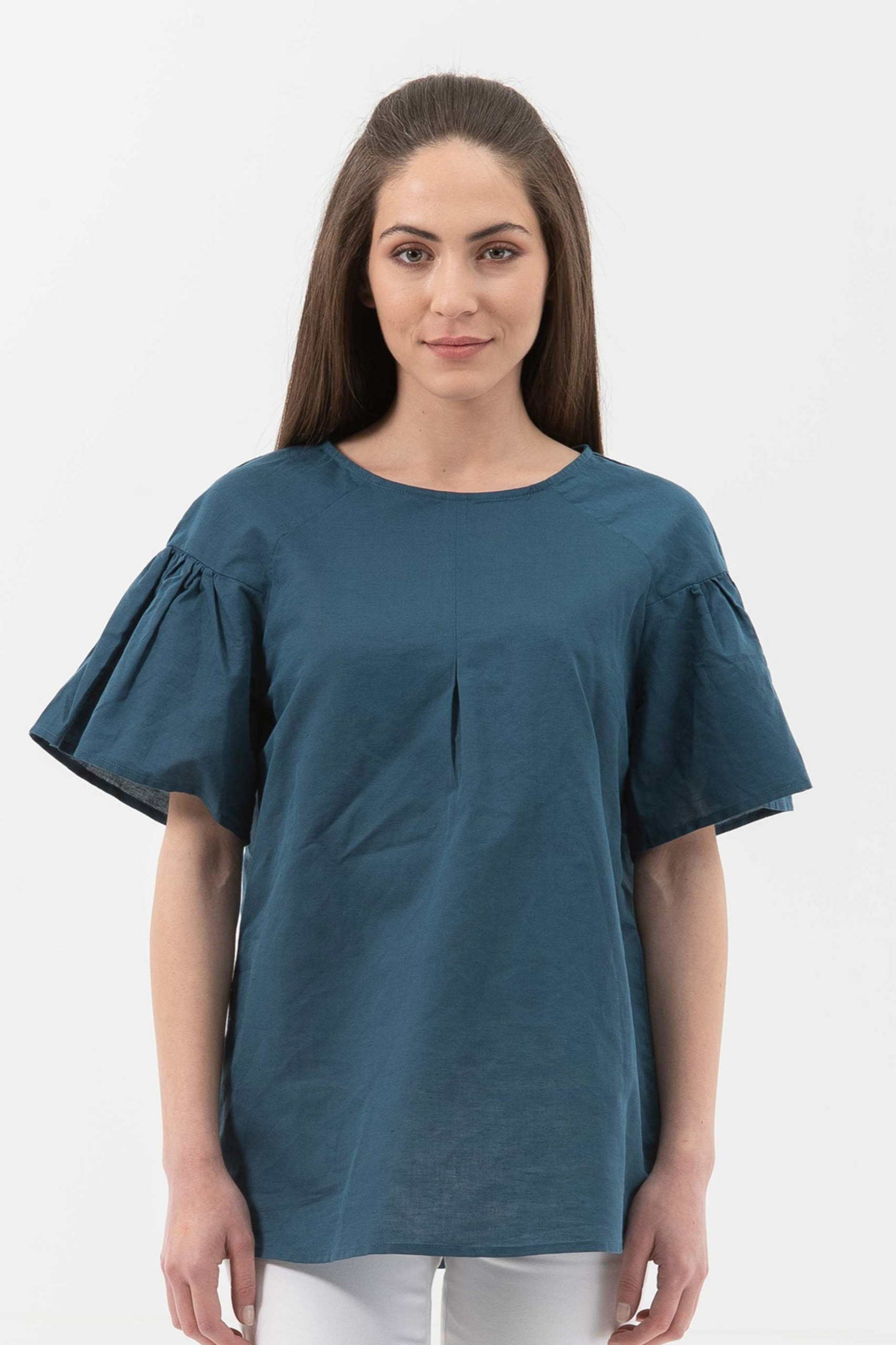 ORGANICATION Damen vegan Bluse VolantÃ¤rmel Navy