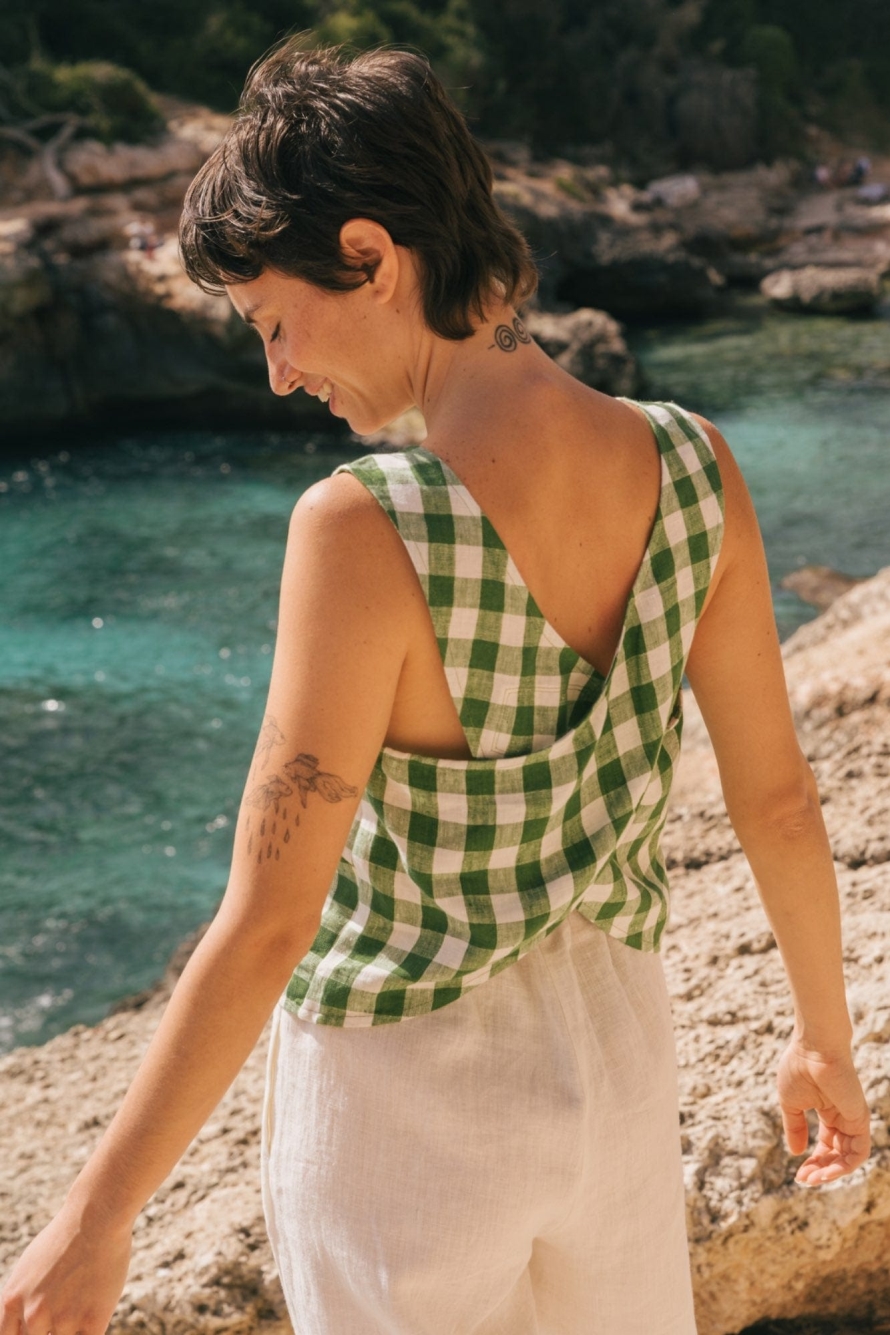 AmourLinen Damen vegan Top Ella Green Gingham