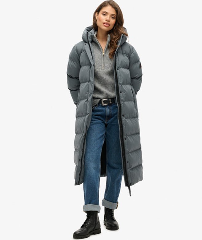 Superdry Lange Pufferjas van Microvezel Donkergrijs