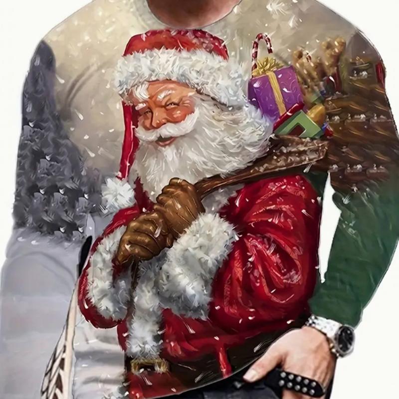 Happy Show Kerstman Print Heren T-shirts Lange Mouw T-shirts Ronde Hals Casual Pullover Herenkleding Plus Size 8XL veelkleurig