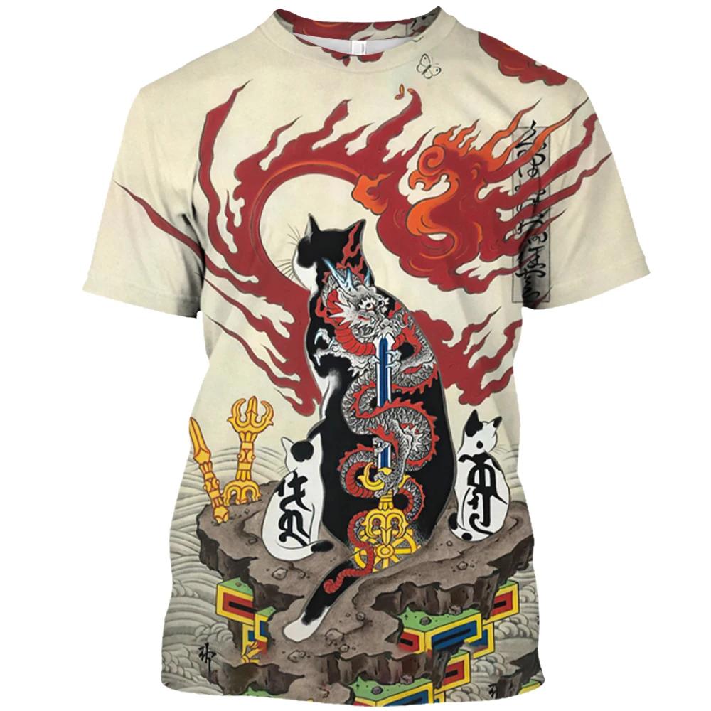 Chaokebang Japanse mythologie samoerai kat 3D harajuku print heren t-shirt grafische zomer nieuwe heren en dames dagelijkse ronde hals korte mouw t-shirt tops 6XL