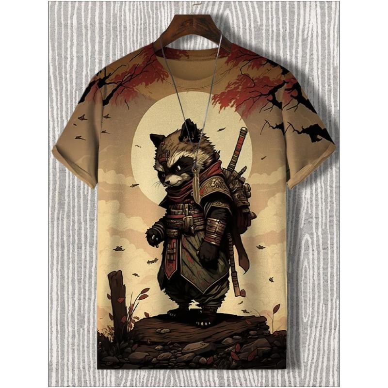 ETST0013 Heren T-shirt Japanse stijl Samurai Cat Grafisch 3D-geprint T-shirt Casual korte mouwen T-shirt Outdoor Oversized herenkleding Tops 5XL