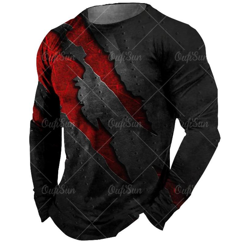 ETST0013 Vintage Tees Lange Mouwen Zwarte T-shirt Mannen 3d Print Shirts Klauw Grafische T-shirts Rode Herenkleding Tops Casual streetwear XL