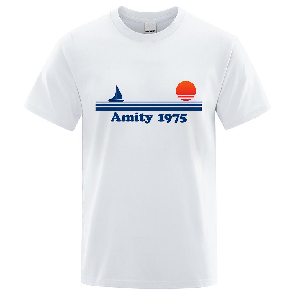 HerSight katoen Amity 1975 - Jaws Retro Print T-shirt Heren Creativiteit Zweetkleding Mode Tee Kleding T-shirts Ademende Katoenen T-shirts Man M wit