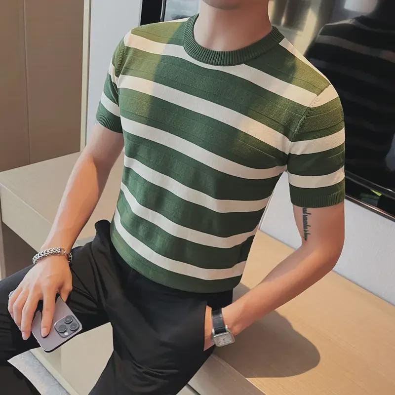 VantaGoods Heren Groen Gestreept Ijs Zijde Slim-Fit T-shirt - Zomer Half-Mouw M koffie