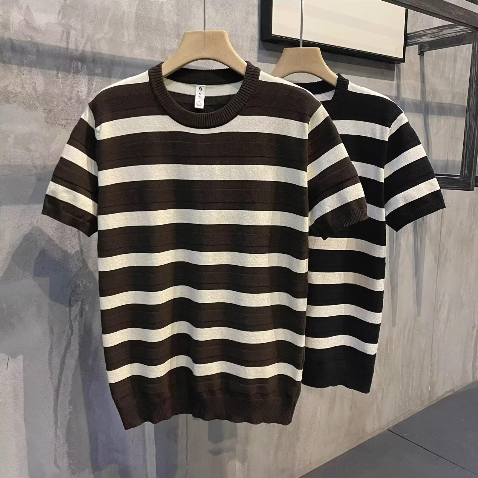 VantaGoods Modieus zwart-wit gestreept gebreid T-shirt met korte mouwen voor heren L zwart