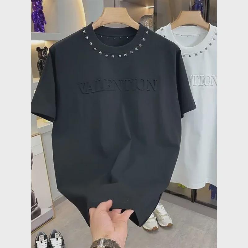 VantaGoods Heren zomermode: Trendy Rivet Steel Print Losse Ronde Hals T-shirt met Korte Mouwen M zwart