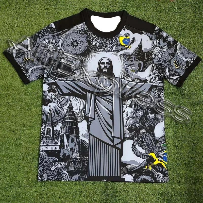 Zengyanqin02 Zomer Voetbal Training T-shirt, Brazilië Speciale Editie, Jezus Zwart en Wit Heren Sport Casual T-shirt voor Kinderen M