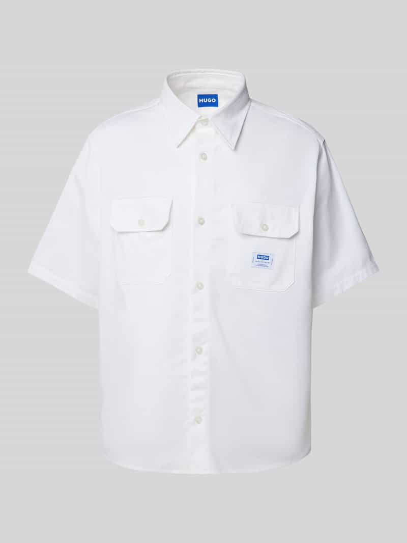OTTO HUGO Blue Overhemd met korte mouwen Ekyno met contrasterend logo-badge op de borst