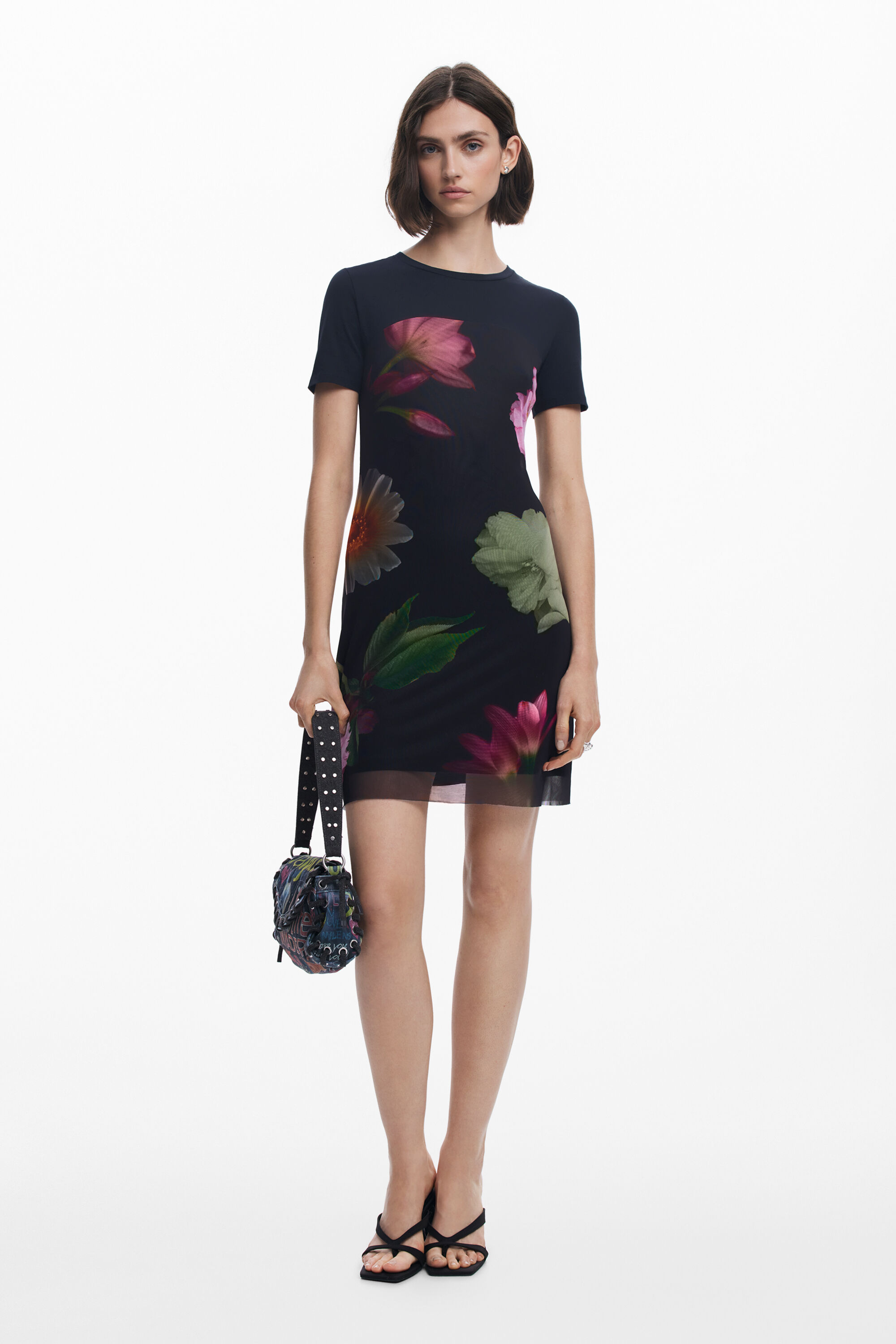 Desigual Kort bloemenjurk gecombineerd - BLACK