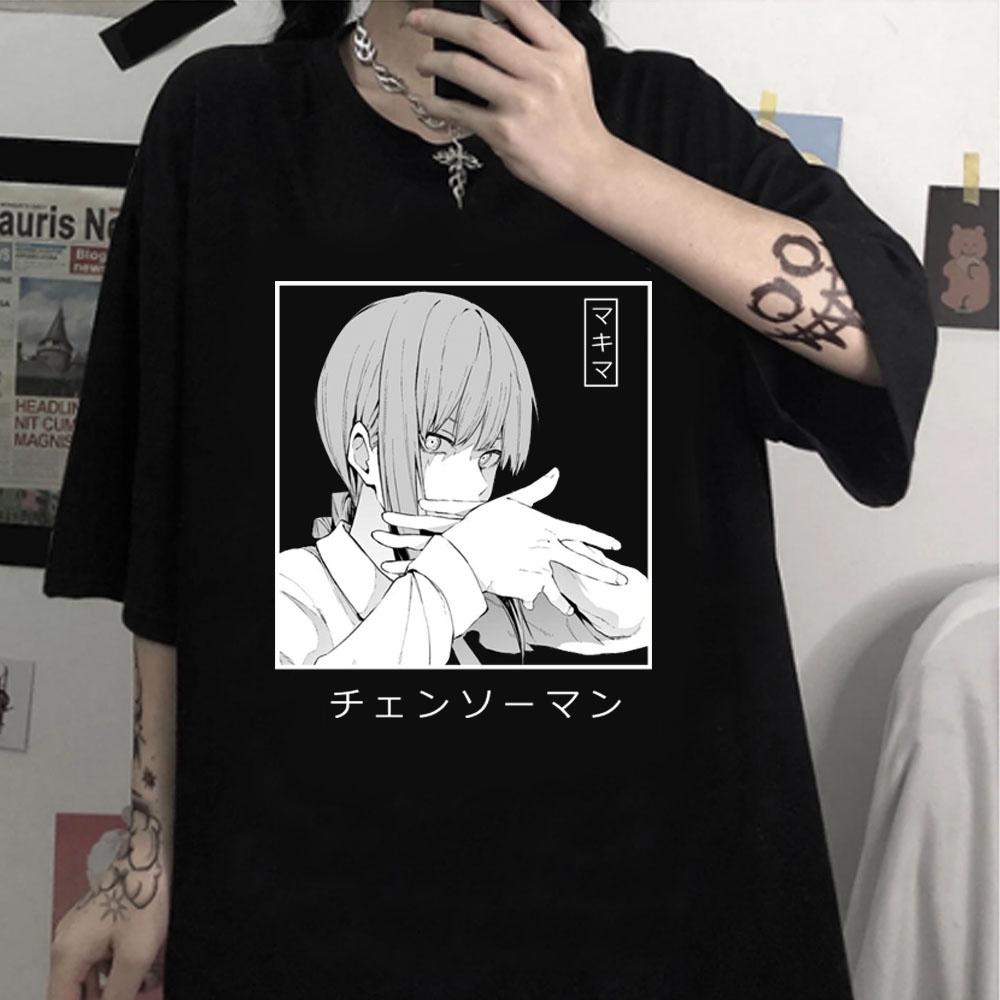 Limindong Anime Chainsaw Man Casual Hip Hop Oversized Vrouwen Mannen Kawai Makima T-shirt Harajuku Zomer Korte Mouwen M zwart