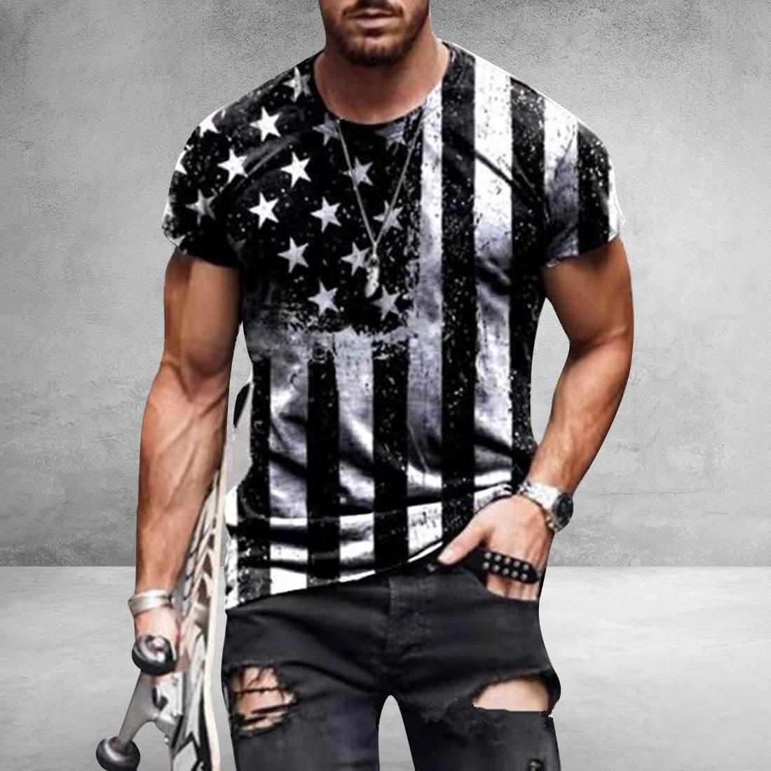 Kukebang Heren T-shirt Amerikaanse vlag print T-shirt zomer ronde hals cool oversize spier streetwear kleding t-shirt heren XL