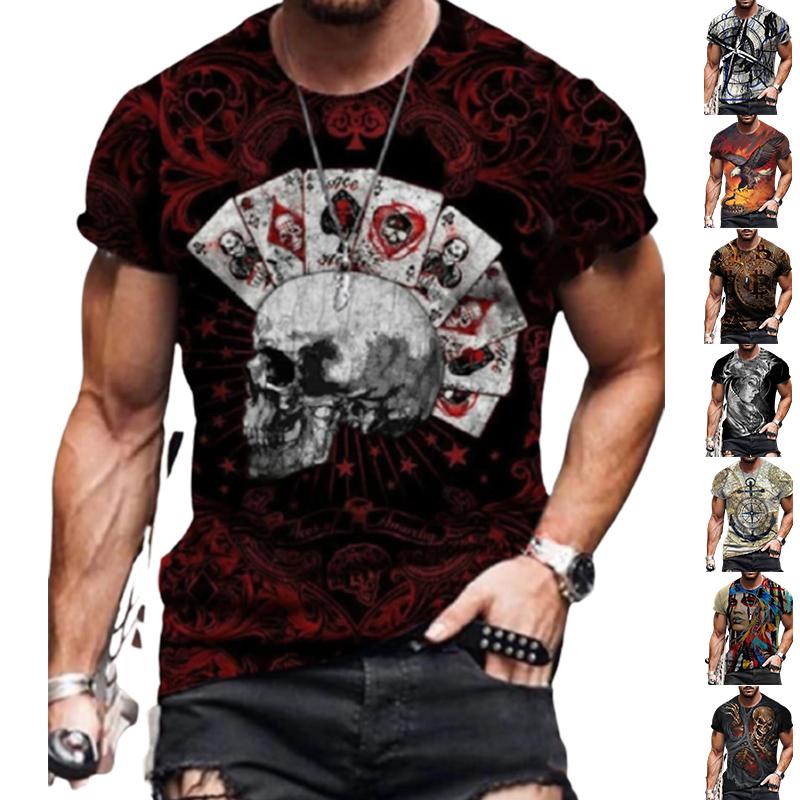Happy Show Nieuwe zomer herenmode T-shirt persoonlijkheid poker schedel bedrukt heren T-shirt top XL zwart