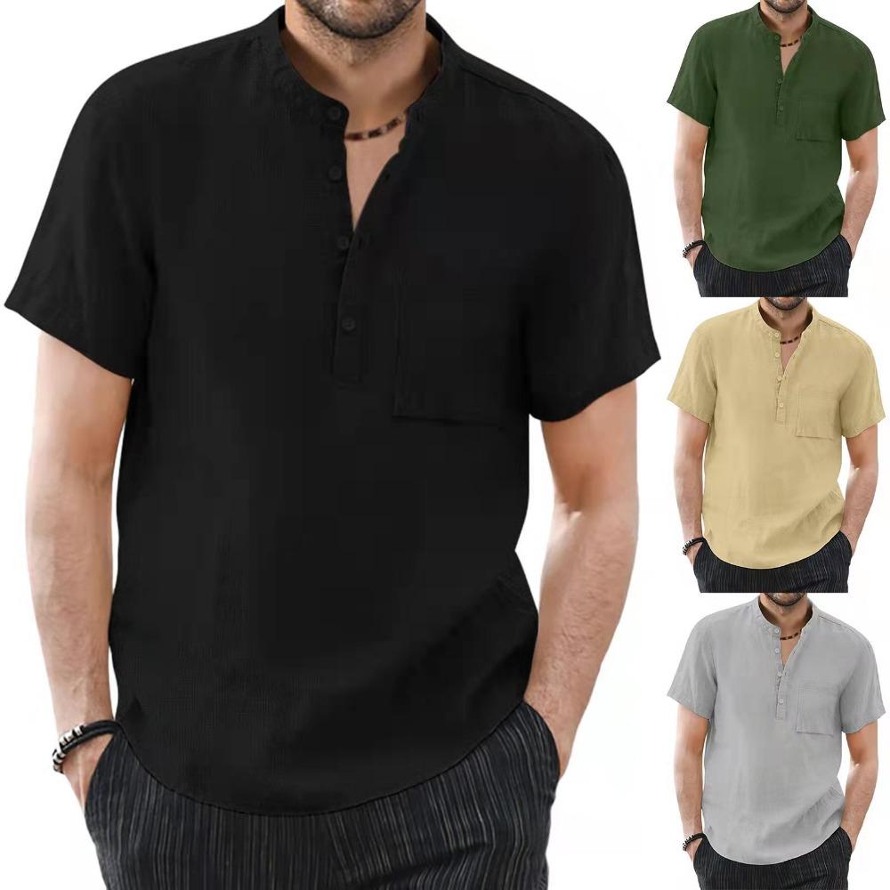 FEGKZLI Fashion Zomermode Henleys-overhemden voor heren, katoenen linnen overhemden met korte mouwen XL zwart