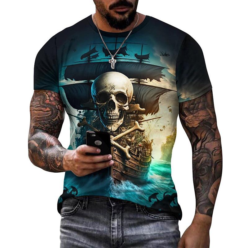 Kukebang Zomer Heren T-shirts Casual Losse t-shirt Zeilboot Piratenschip 3D Gedrukt O Hals T-shirt met korte mouwen Homme Oversized L