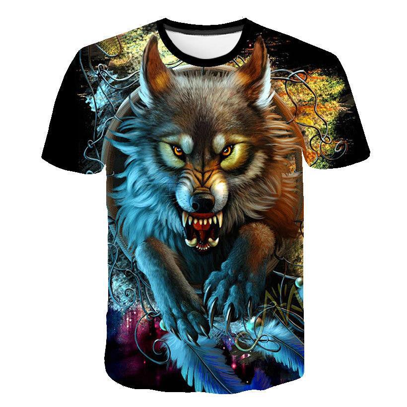 WowClassic Zomer heren T-shirt 3D Wolf Print Dierenpatroon Tees Losse Ronde Hals Korte Mouw Tops Heren L