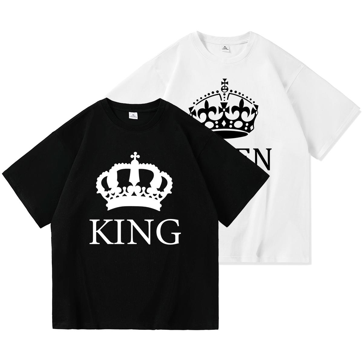 FEGKZLI Fashion 2023 Casual KONING KONINGIN Print Zomer Katoenen T-shirt Korte Mouw O Hals Losse Lovers T-shirt Vrouwen Mannen tops Tees 5XL
