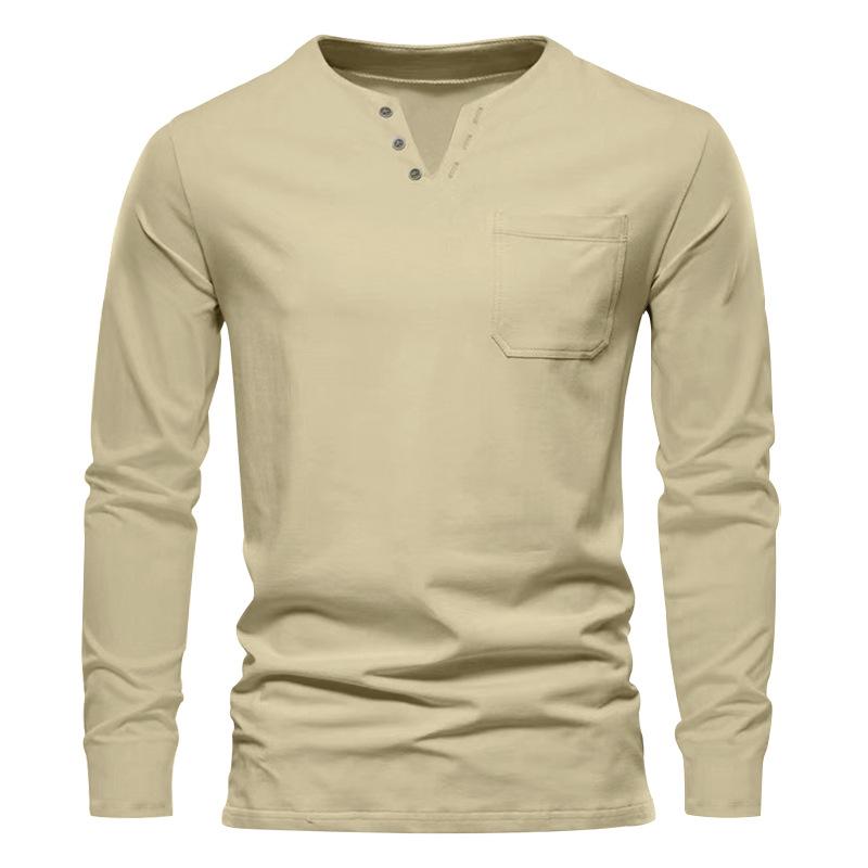 HerSight Heren effen zakknop V-hals herfst T-shirt Man wit zwart Basic Top lange mouw T-shirts 3XL kaki