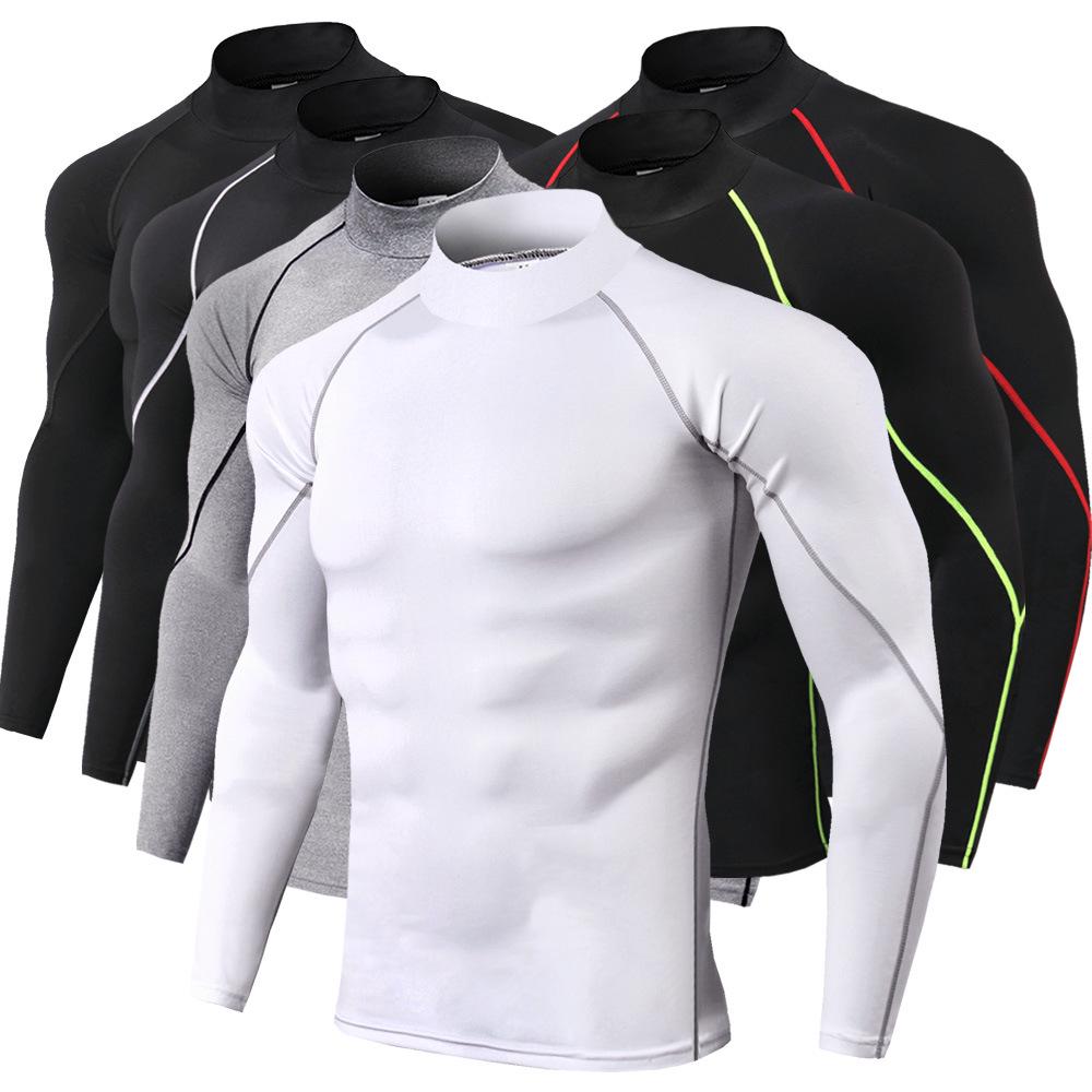 WowClassic Heren Hoge Hals Fitness Lange Mouw Sport Running T-shirt Man Herfst Winter Elastisch Sneldrogend Top Zwart Wit 3XL