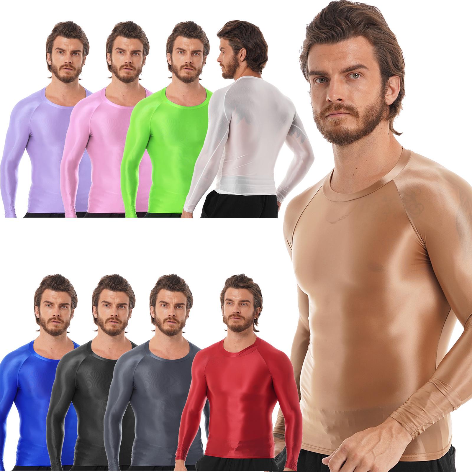 RUNQHUI Heren glanzend shirt T-shirt effen kleur slim fit ademende tops yoga sportkleding spiertops XL