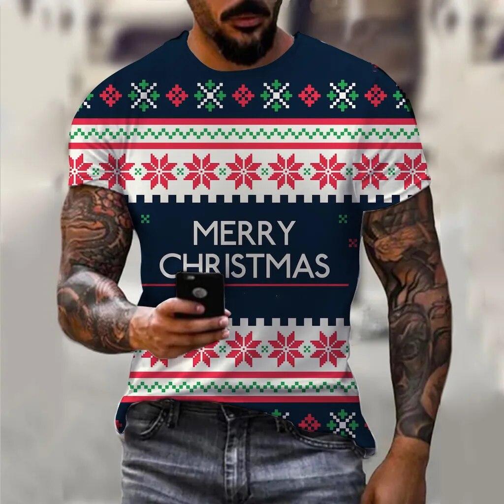 ETST 07 Kerst Elanden Kerstman 3D Print Heren T-shirt Ronde Hals Losse Streetwear Tees Zomer Casual Korte Mouw Tops Mans kleding 6XL