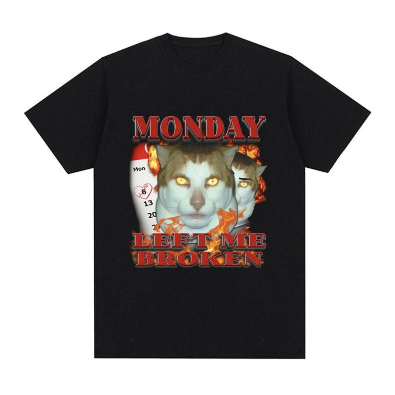TENJINGE Trendy Grappige Maandag Links Me Gebroken Kat Meme Grafische T-shirt Mannen Katoen Casual T-shirt met korte mouwen Fashion Vintage Oversized T-shirts M