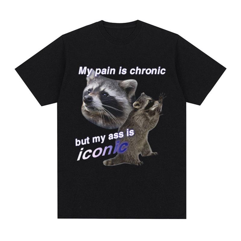 TENJINGE Trendy Grappig Mijn Pijn Is Chronisch Maar Mijn Kont Is Iconische Raccon Meme T-shirt Mannen Katoen Korte Mouw T-shirts fashion Casual Vintage Tees XXL