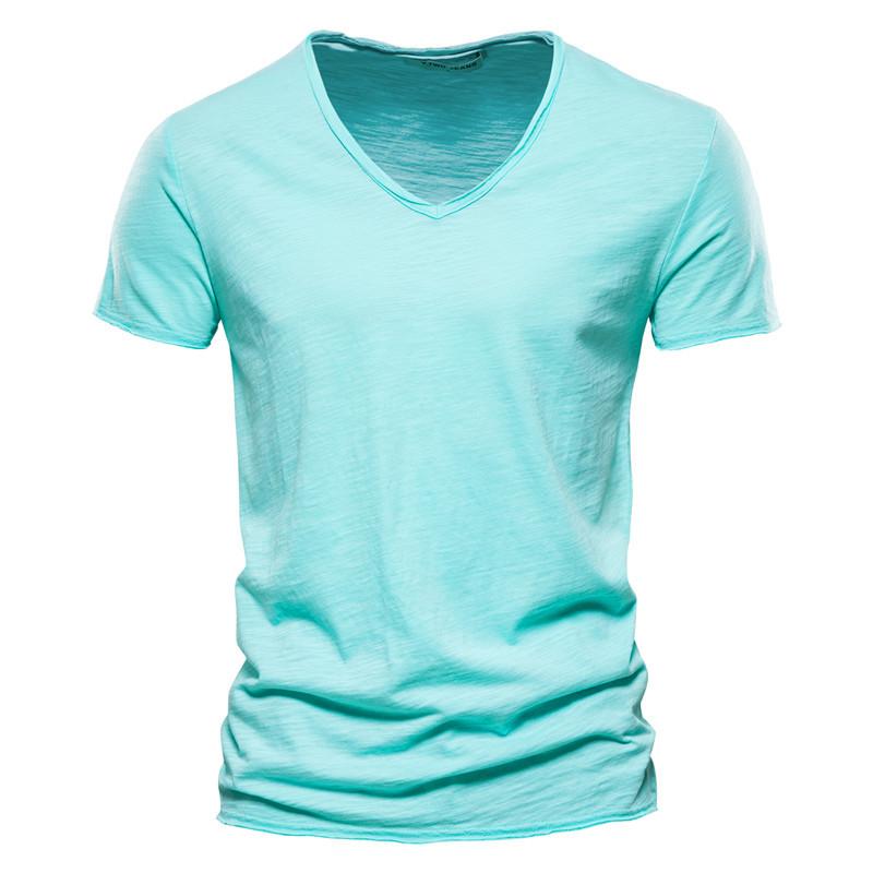 No. 11 Fashion Zomer Heren Top Tee Effen Kleur Bamboe Katoen V-hals Korte Mouw T-shirt Puur Katoen Herenkleding 5XL kameel