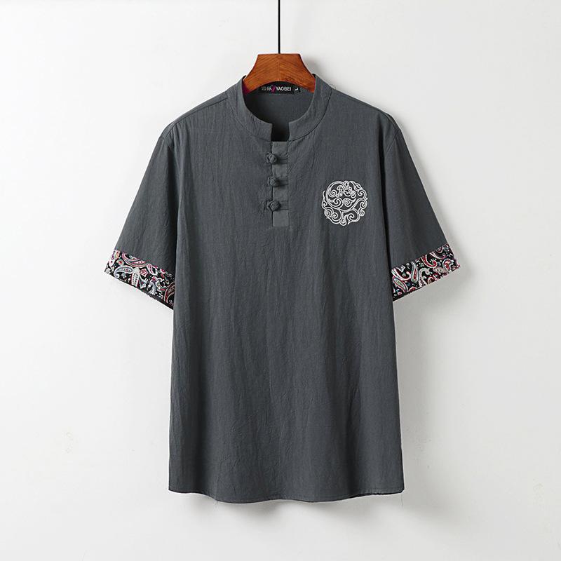 QGOOD Zomer Casual Heren Katoenen O-hals Korte Mouw Knoop Tops Kleding Heren Katoen en Linnen Top Zomer Linnen Borduursel Korte mouwen T-shirt M blauw