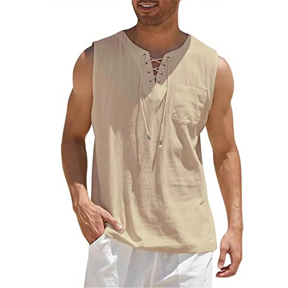 QGOOD Katoenen linnen overhemden Heren casual mouwloos vest bandage veterblouse retro V-hals mode losse overhemd heren effen kleur kleding XXXL wit