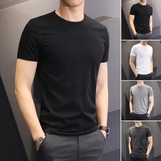 Yunzhu Mannen Zomer T-shirt Effen Kleur O Hals Korte Mouwen Zacht Ademend Slim Fit Trui Sport Business Casual Heren Office Top L zwart