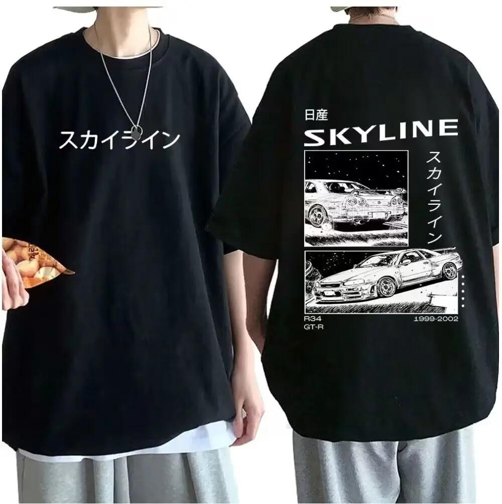 The second face a man Heren katoenen T-shirt Drift Japan Anime AE86 Inifirst D Zomer Casual T-shirt Unisex R34 Skyline GTR JDM Oversized Print T-shirts XXL zwart