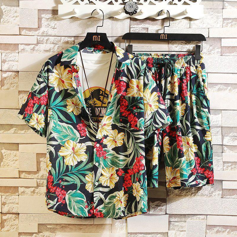 QGOOD Heren bedrukte overhemdsets Hoge kwaliteit modetrendshorts Hawaiiaanse stijl casual bloementops L