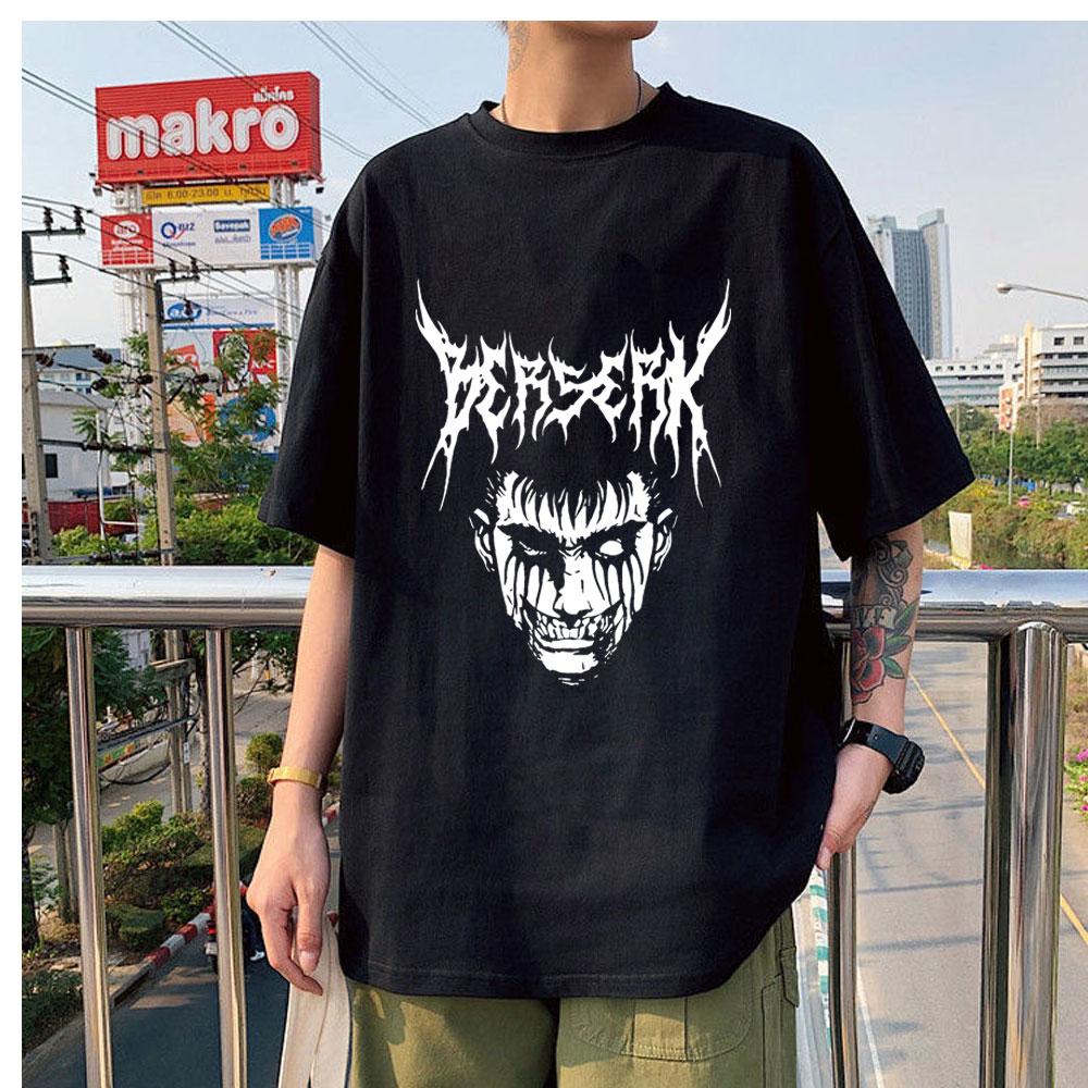 Limindong Mannen Dark Berserk Manga met korte mouwen, ademend, oversized patroon, katoen, casual cartoon T-shirt, mannelijk 4XL marineblauwe kleur