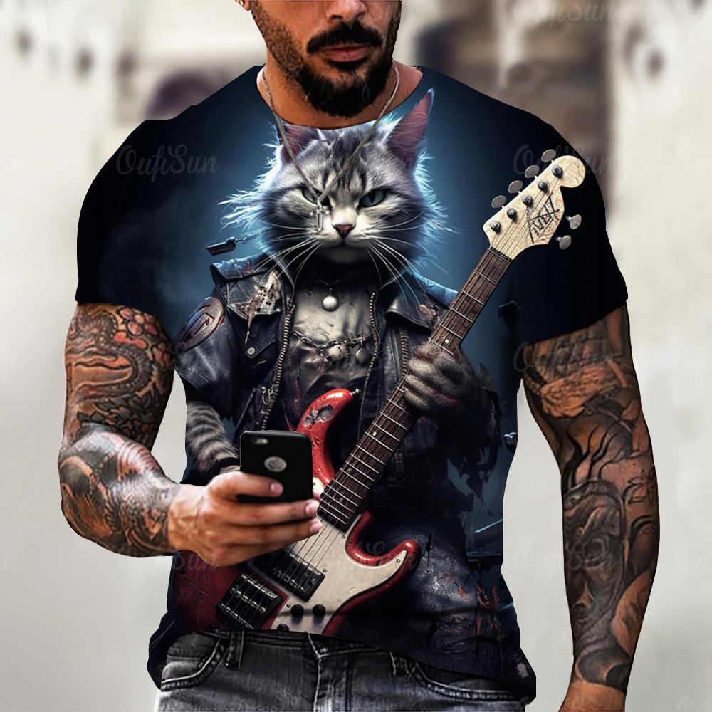 Xuhaijian02 Grappig T-shirt voor heren Zomer Korte mouw Dieren T-shirts Rock Cat 3d Print Mode Casual Straat Oversized Herenkleding 2XL