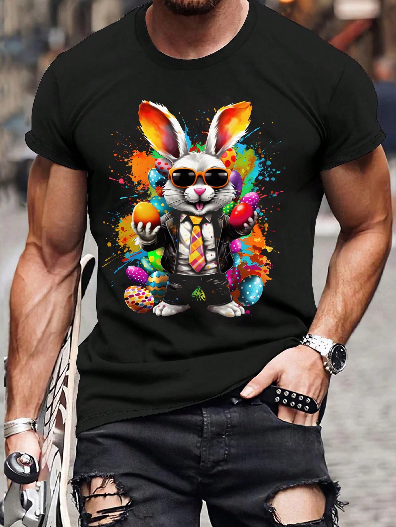ETST 07 Manfinity Homme Heren Paashaas & Ei Bedrukt T-shirt met Korte Mouwen en Ronde Hals 5XL