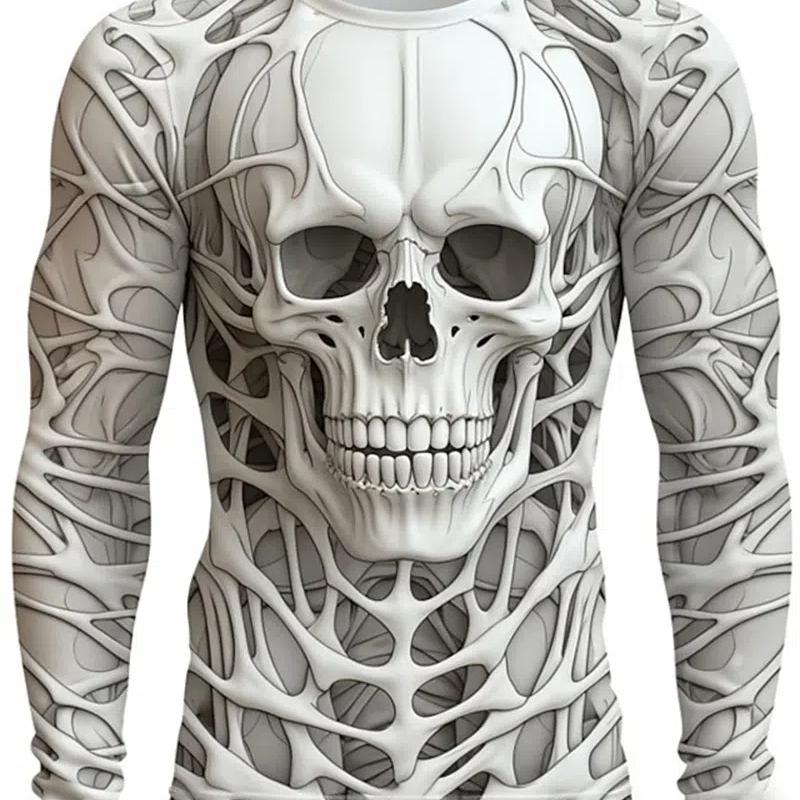 ETST 005 Grappige 3D Skull Print Heren Lange Mouw T-shirt Casual O-hals Katoenen Losse Tops Mode Menselijke Botten Patroon Kleding Herfst T-shirts 4XL
