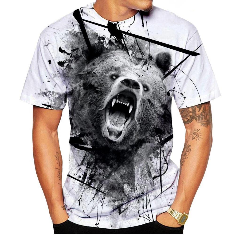 ETST 05 Zomer Heren Animal Fierce Bear Patroon Casual O Kraag Korte Mouw 3d Geprint Los Straat Persoonlijkheid Plezier Plus Size Top 6XL