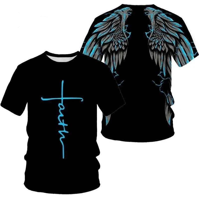 ETST 012 Mode Jezus Kruis Patroon T-shirt Voor Mannen Grappige 3D Vleugel Print Korte Mouw Tops Casual O-hals Losse T-shirts Zomer Trui 4XL