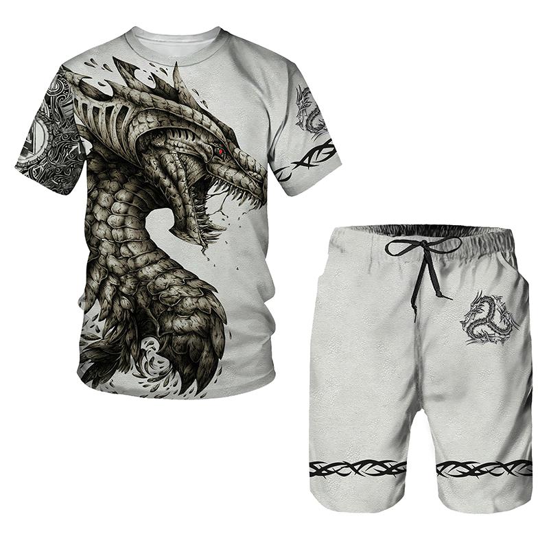 ETST 07 Draak Patroon 3D Print Heren T-shirt Sets Zomer Casual Ronde Hals T-shirt Shorts Tweedelige Set Trend Man kleding Trui 6XL
