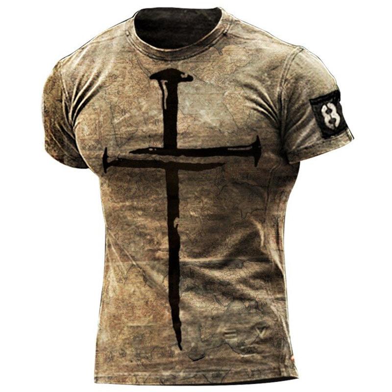 ETST WENDY 005 Vintage Jesus Cross Print T-shirts voor heren Zomer Polyester Ademend Ronde hals Losse korte mouw Grote maten Rock Street Tops L