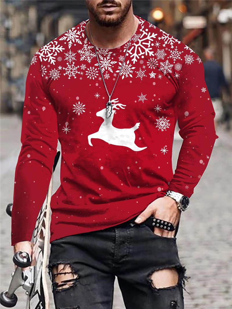 ETST WENDY 005 Herfst Winter Kerst Stijl Heren T-shirts Met Lange Mouwen Sneeuwvlok En Herten 3D Print Mannelijke Rode Tees Festival Casual Big size Tops XXXL