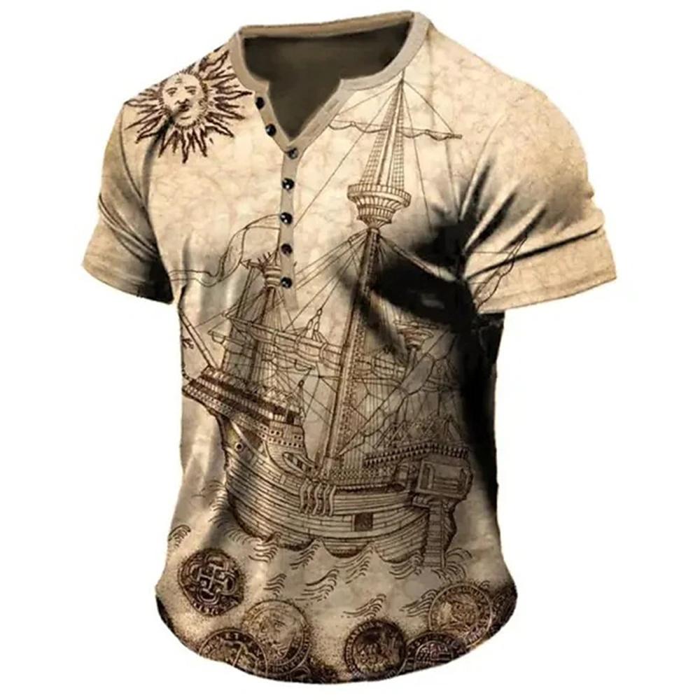 TIP723 Vintage T-shirt voor mannen 3D-kompasprint Henley-shirt Gothic V-hals met korte mouwen Oversized tops Tees Punk streetwear zomer M